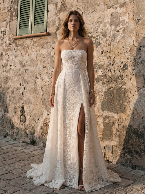 Laces A Line Strapless Long Wedding Dresses