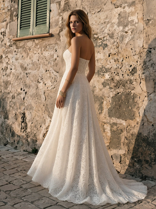 Laces A Line Strapless Long Wedding Dresses