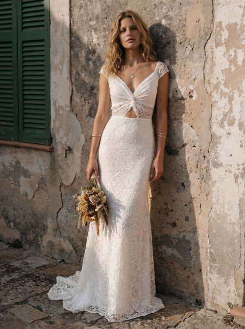 Laces Bodycon V Neck Long Wedding Dresses