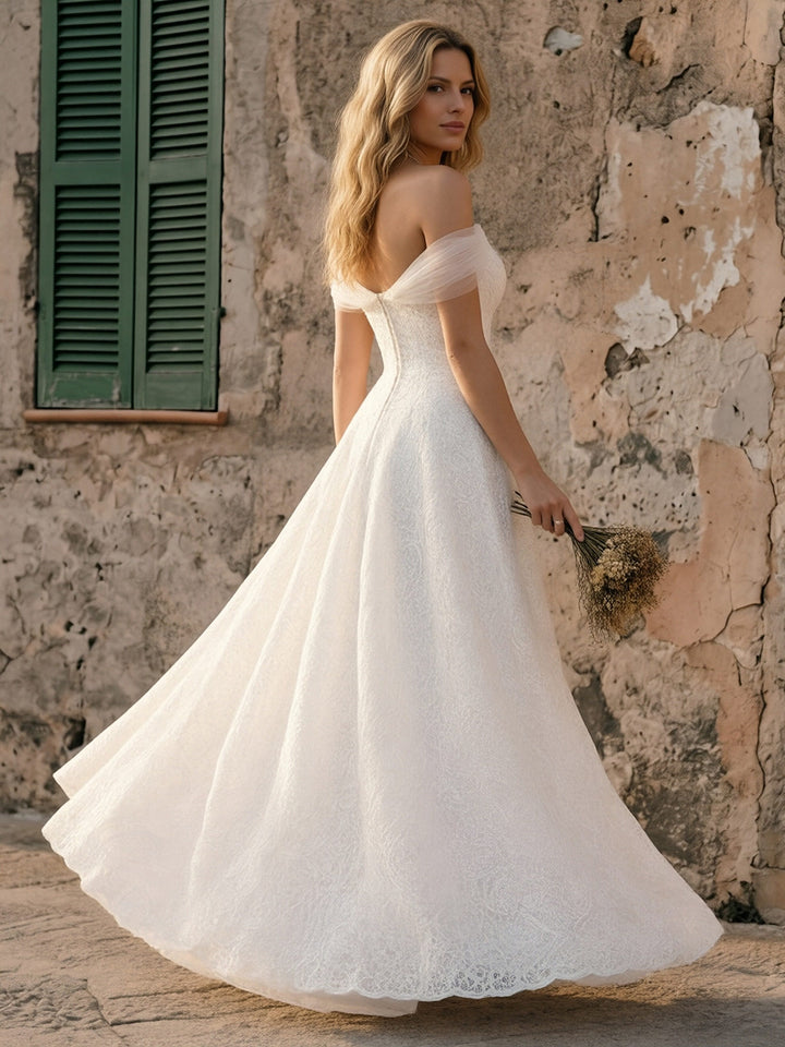 Laces A Line Off the Shoulder Long Wedding Dresses
