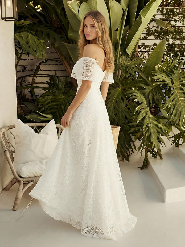 Laces A Line Off the Shoulder Long Wedding Dresses