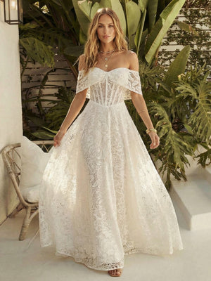 Laces A Line Off the Shoulder Long Wedding Dresses