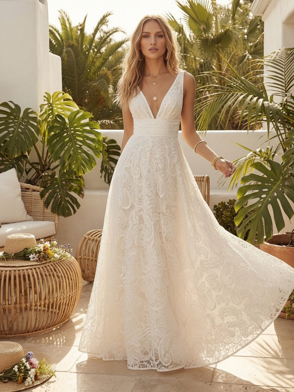 Laces A Line V Neck Long Wedding Dresses