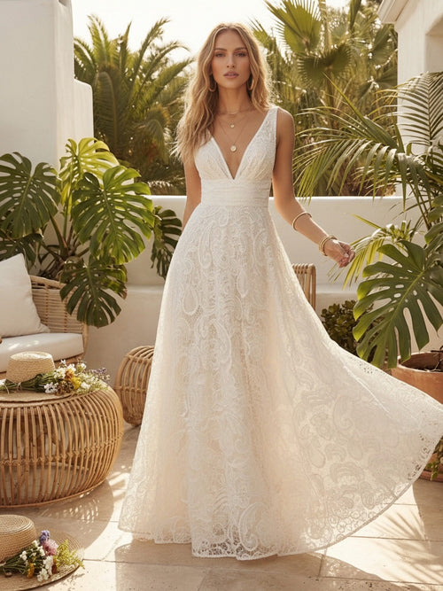 Laces A Line V Neck Long Wedding Dresses