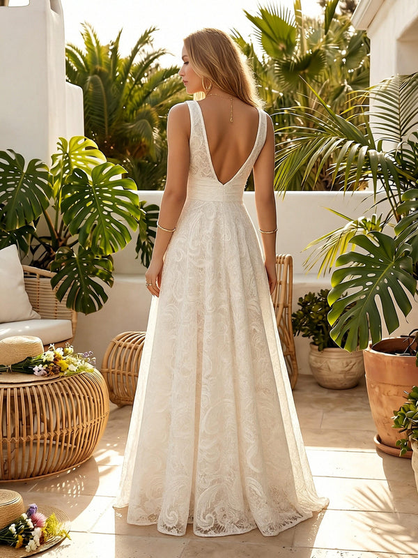 Laces A Line V Neck Long Wedding Dresses