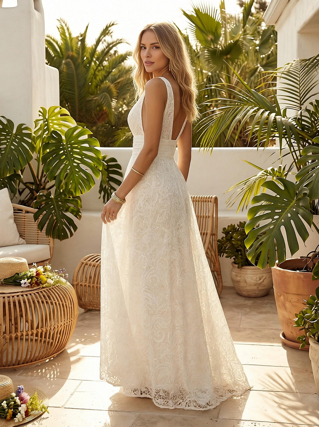 Laces A Line V Neck Long Wedding Dresses