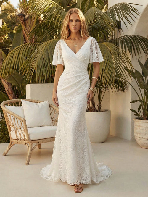 Laces Mermaid V Neck Long Wedding Dresses