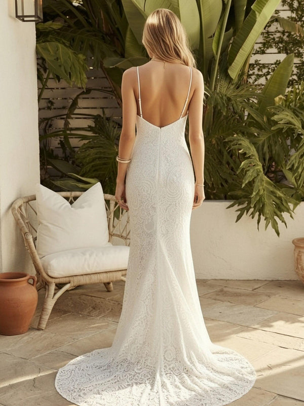 Laces Mermaid Spaghetti Straps Long Wedding Dresses