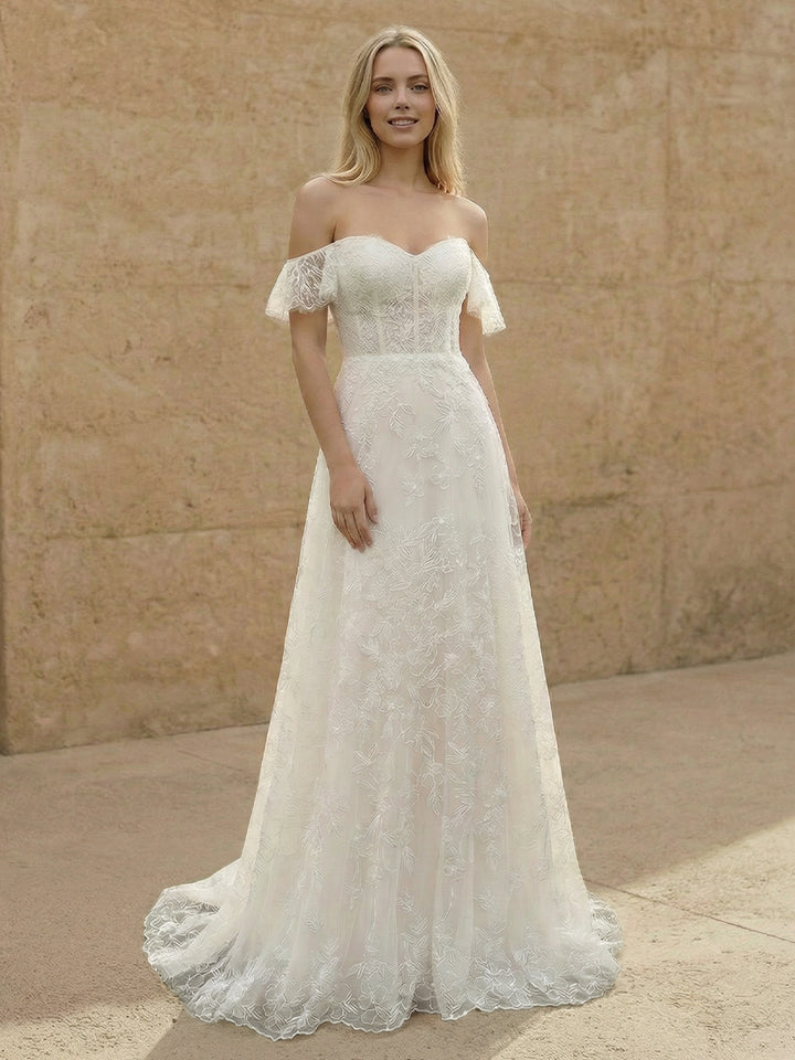 Laces A Line Off the Shoulder Long Wedding Dresses
