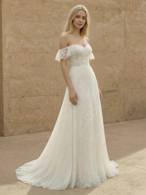Laces A Line Off the Shoulder Long Wedding Dresses