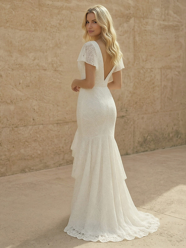 Laces Mermaid V Neck Long Wedding Dresses