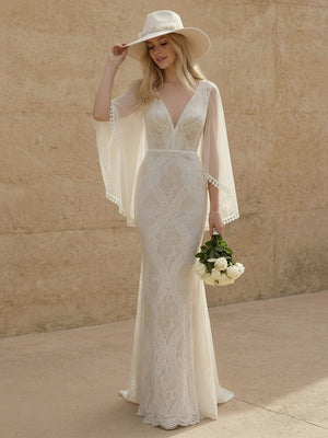 Laces Mermaid V Neck Long Wedding Dresses