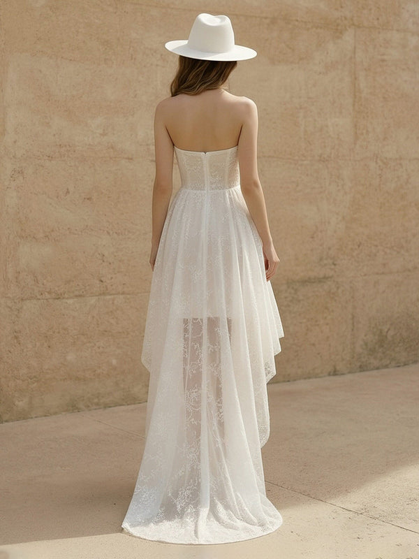 Laces High Low Strapless Long Wedding Dresses
