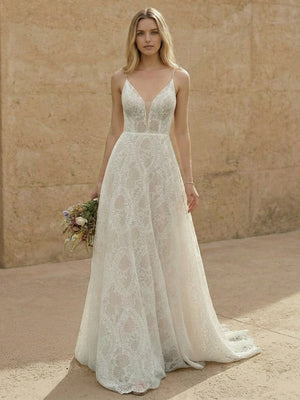 Laces A Line Spaghetti Straps Long Wedding Dresses