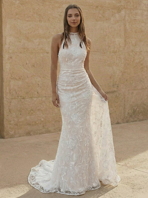 Laces Mermaid Halter Long Wedding Dresses