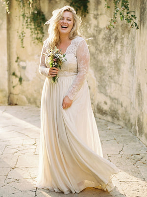 Laces A Line V Neck Long Wedding Dresses