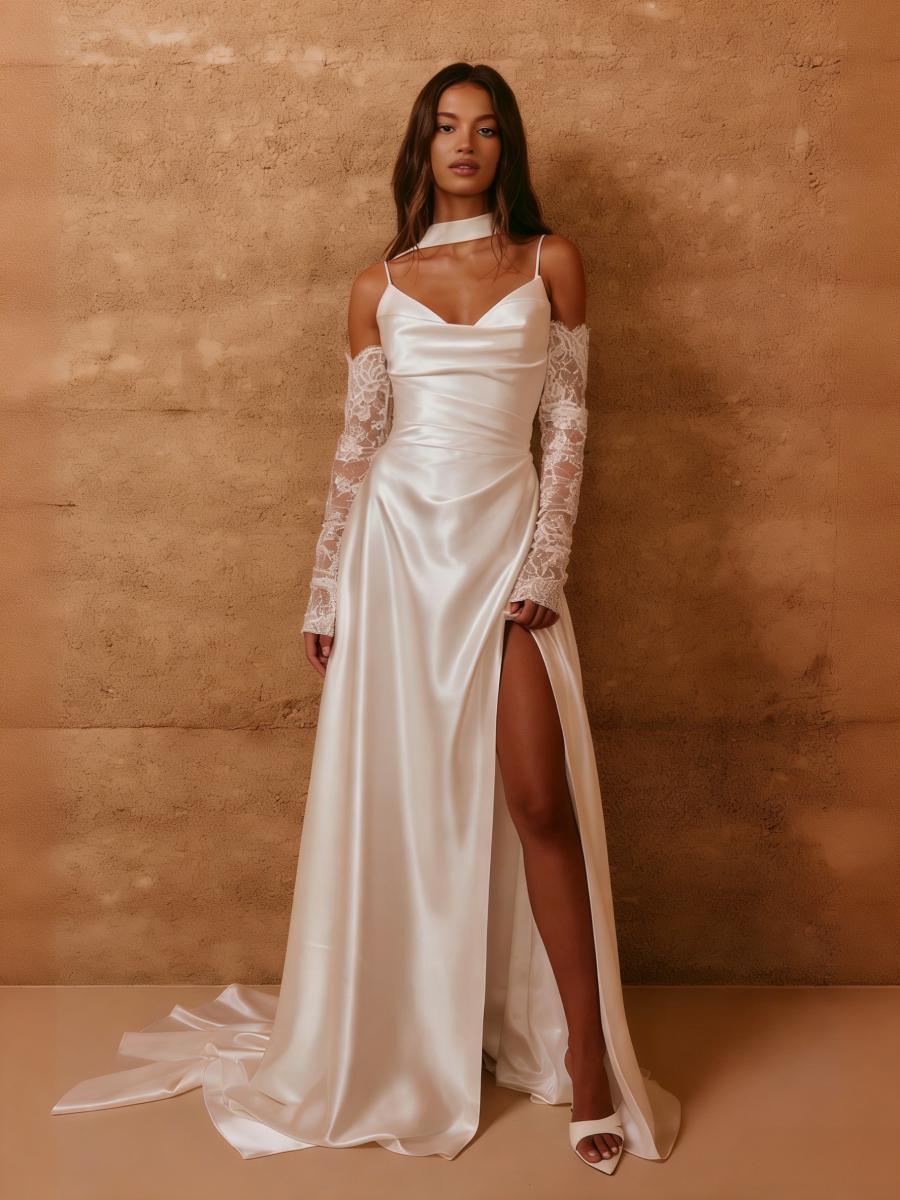 Spaghetti Straps Satin Wedding Dresses with Scarf
