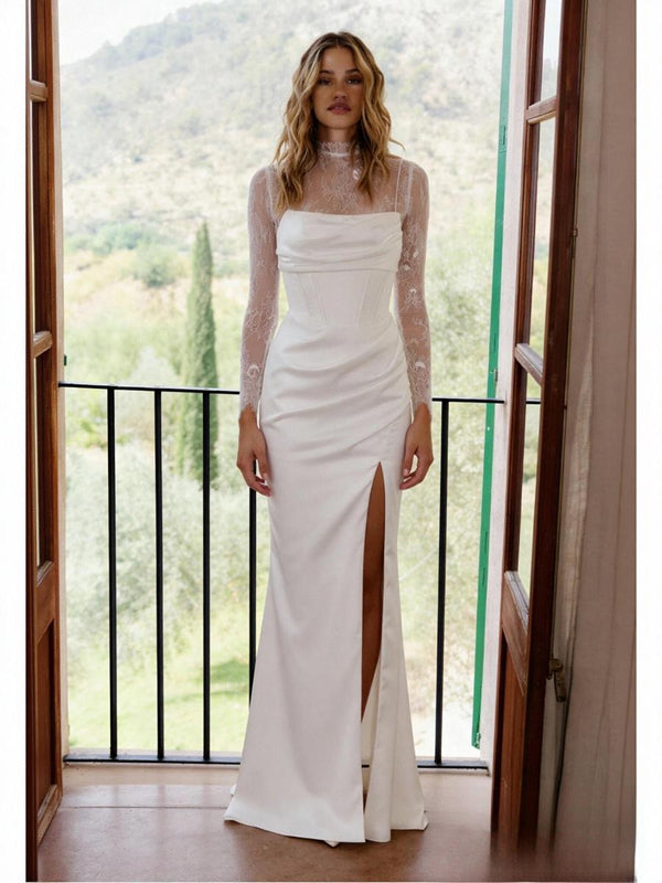 Spaghetti Straps Satin Wedding Dresses Lace Appliques