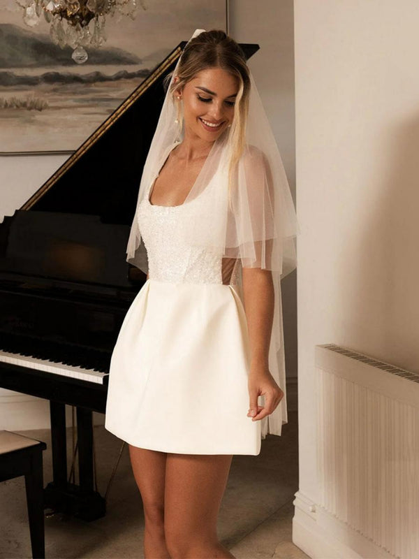 Wide Straps Square Neck Satin Short Wedding Dresses