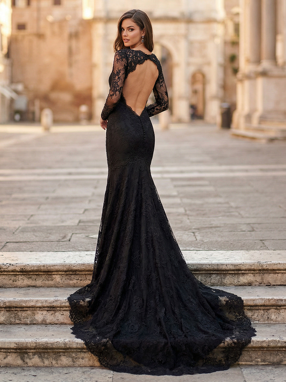 Laces Mermaid V Neck Long Wedding Dresses