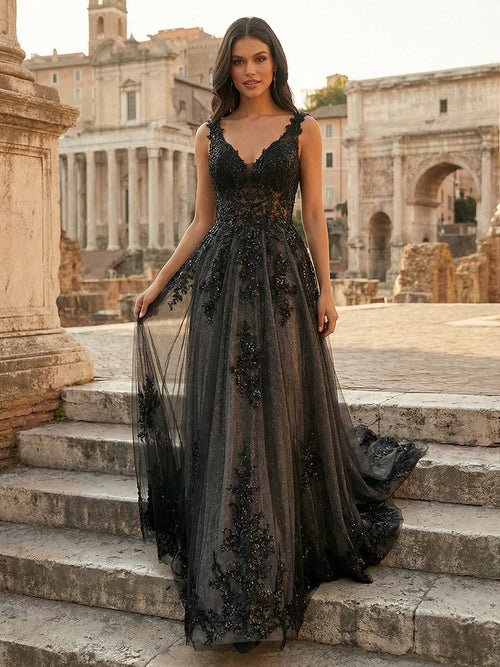 Laces A Line V Neck Long Wedding Dresses