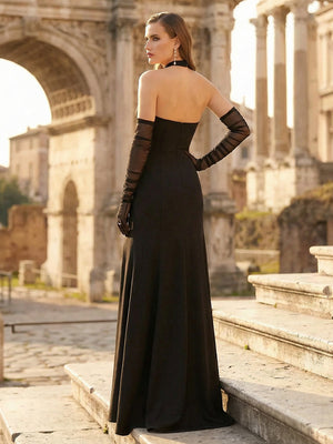 Satin Bodycon Halter Long Wedding Dresses with Slit