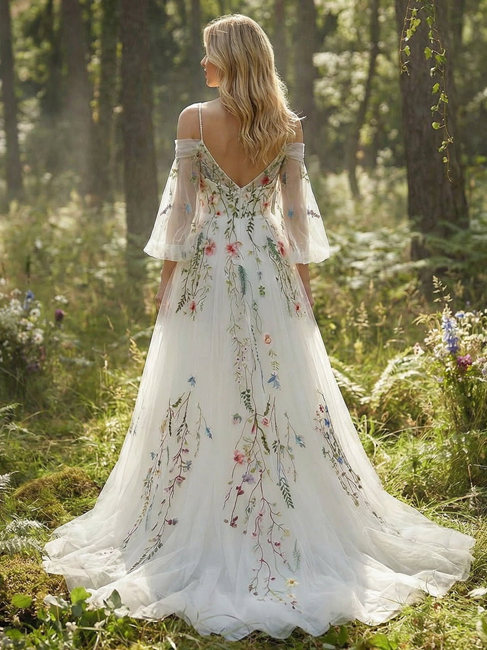 Off the Shoulder V Neck Lace Embroidered Wedding Dresses