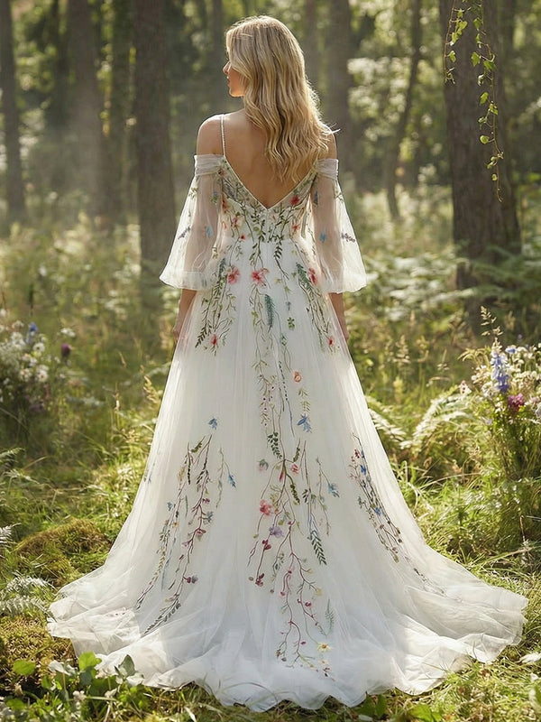 Off the Shoulder V Neck Lace Embroidered Wedding Dresses