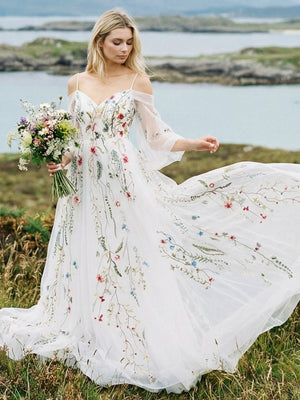 Off the Shoulder V Neck Lace Embroidered Wedding Dresses