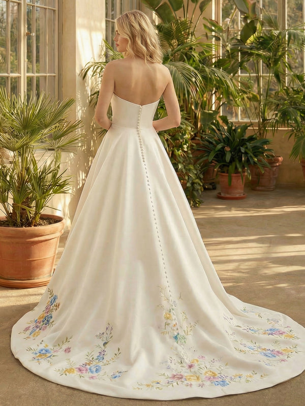 Strapless Satin Embroidery A-Line Ruched Wedding Dresses