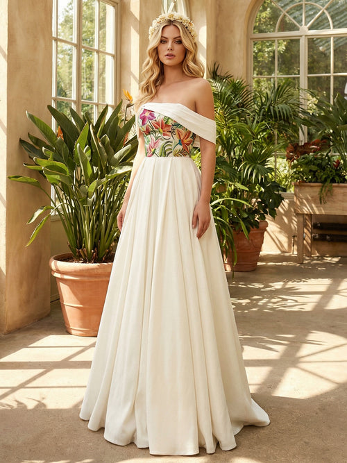 Off the Shoulder Satin Embroidery A-Line Backless Wedding Dresses