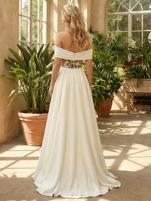 Off the Shoulder Satin Embroidery A-Line Backless Wedding Dresses
