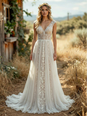 V Neck Lace Applique A-Line Backless Long Wedding Dresses