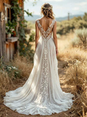 V Neck Lace Applique A-Line Backless Long Wedding Dresses