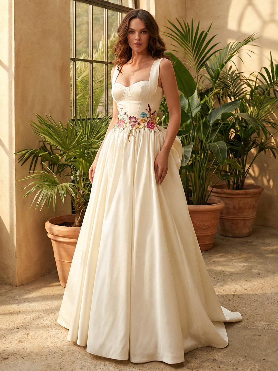 Sweetheart Satin Embroidery A-Line Wedding Dresses with Bow