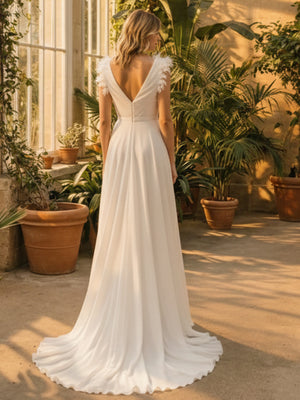 V Neck A Line Laces Empire Waist Wedding Dresses with Ruffled