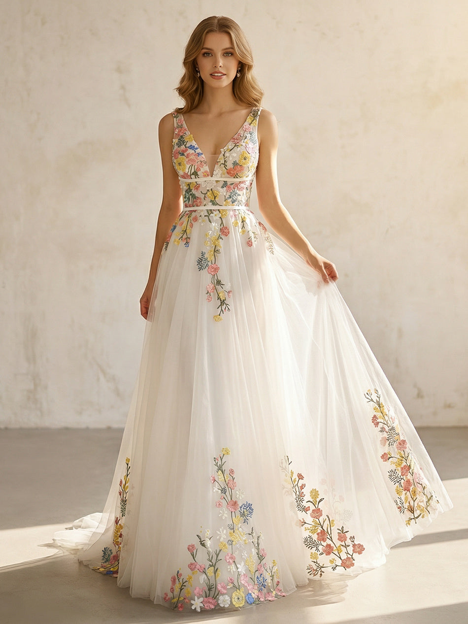 Lace Embroidery V Neck Empire Waist A-Line Wedding Dresses