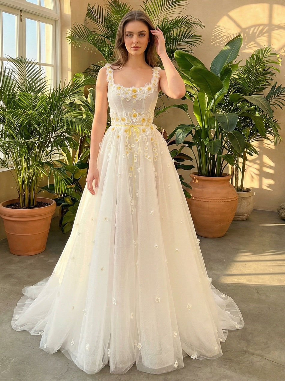 Lace 3D Flower Spaghetti Straps Empire Waist A-Line Wedding Dresses