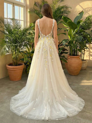 Lace 3D Flower Spaghetti Straps Empire Waist A-Line Wedding Dresses