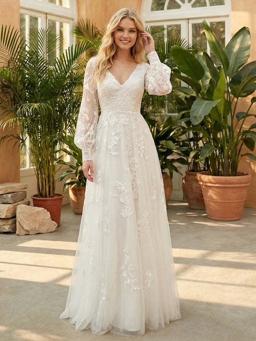 Lace Appliques V Neck A-Line Wedding Dresses with Long Sleeves