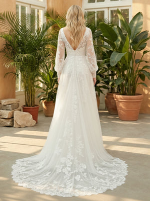 Lace Appliques V Neck A-Line Wedding Dresses with Long Sleeves