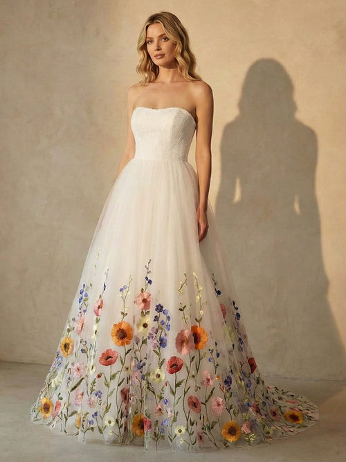 Strapless Lace Embroidered A-Line Long Wedding Dresses with Backless