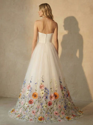 Strapless Lace Embroidered A-Line Long Wedding Dresses with Backless