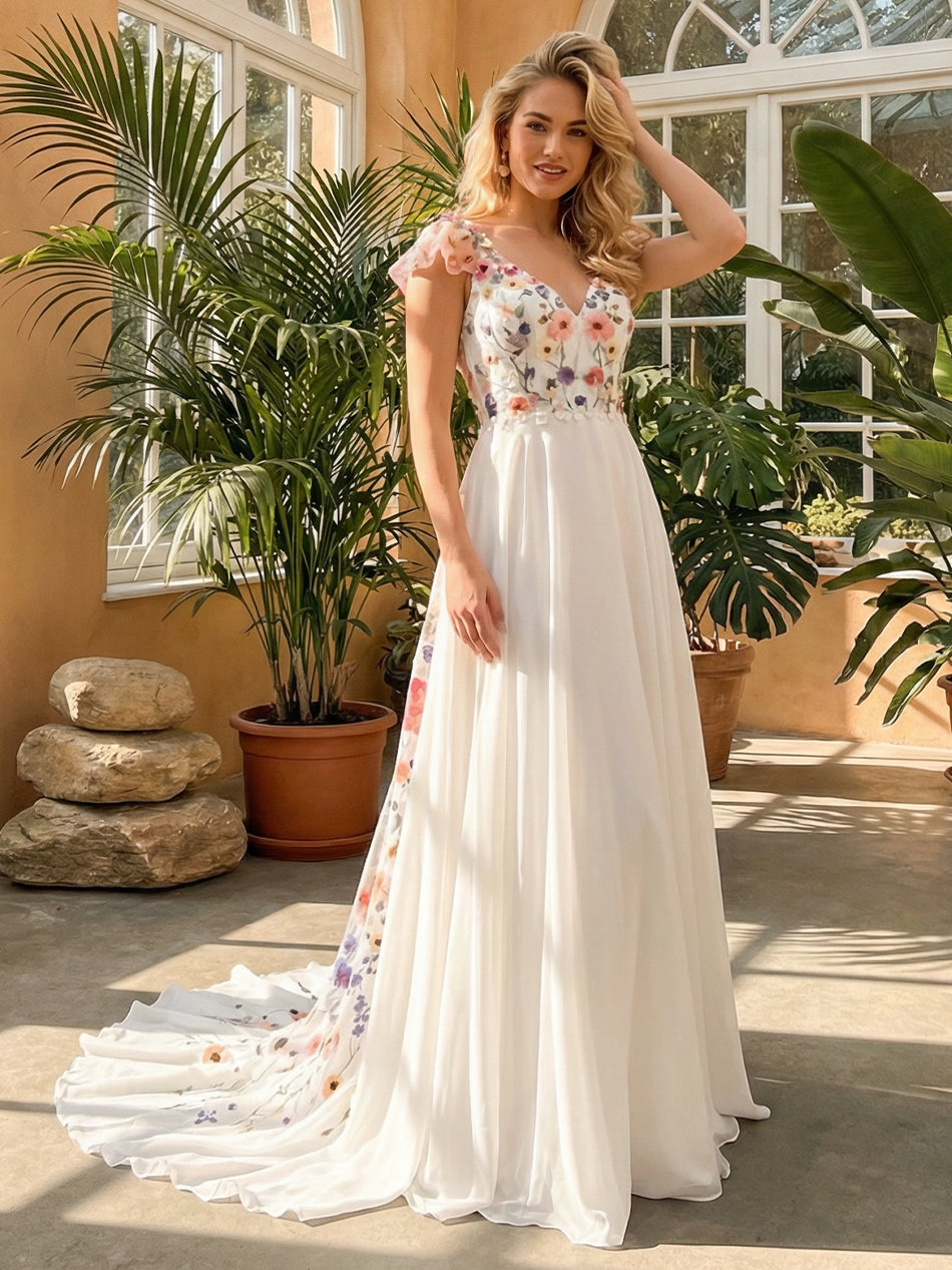 V Neck Ruffles Sleeves Lace Embroidered A-Line Wedding Dresses Backless