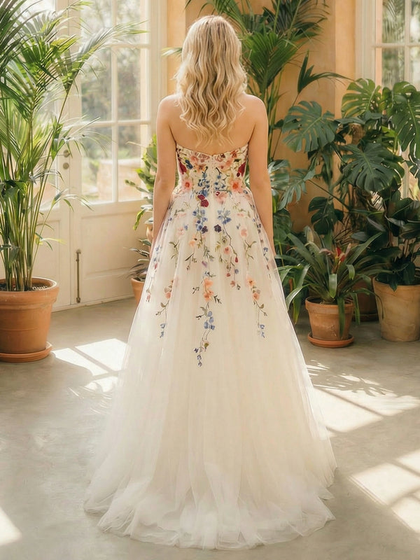 Strapless Lace Embroidered A-Line Backless Long Wedding Dresses