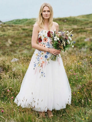 Strapless Lace Embroidered A-Line Backless Long Wedding Dresses