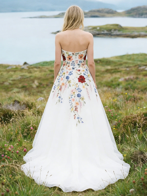 Strapless Lace Embroidered A-Line Backless Long Wedding Dresses