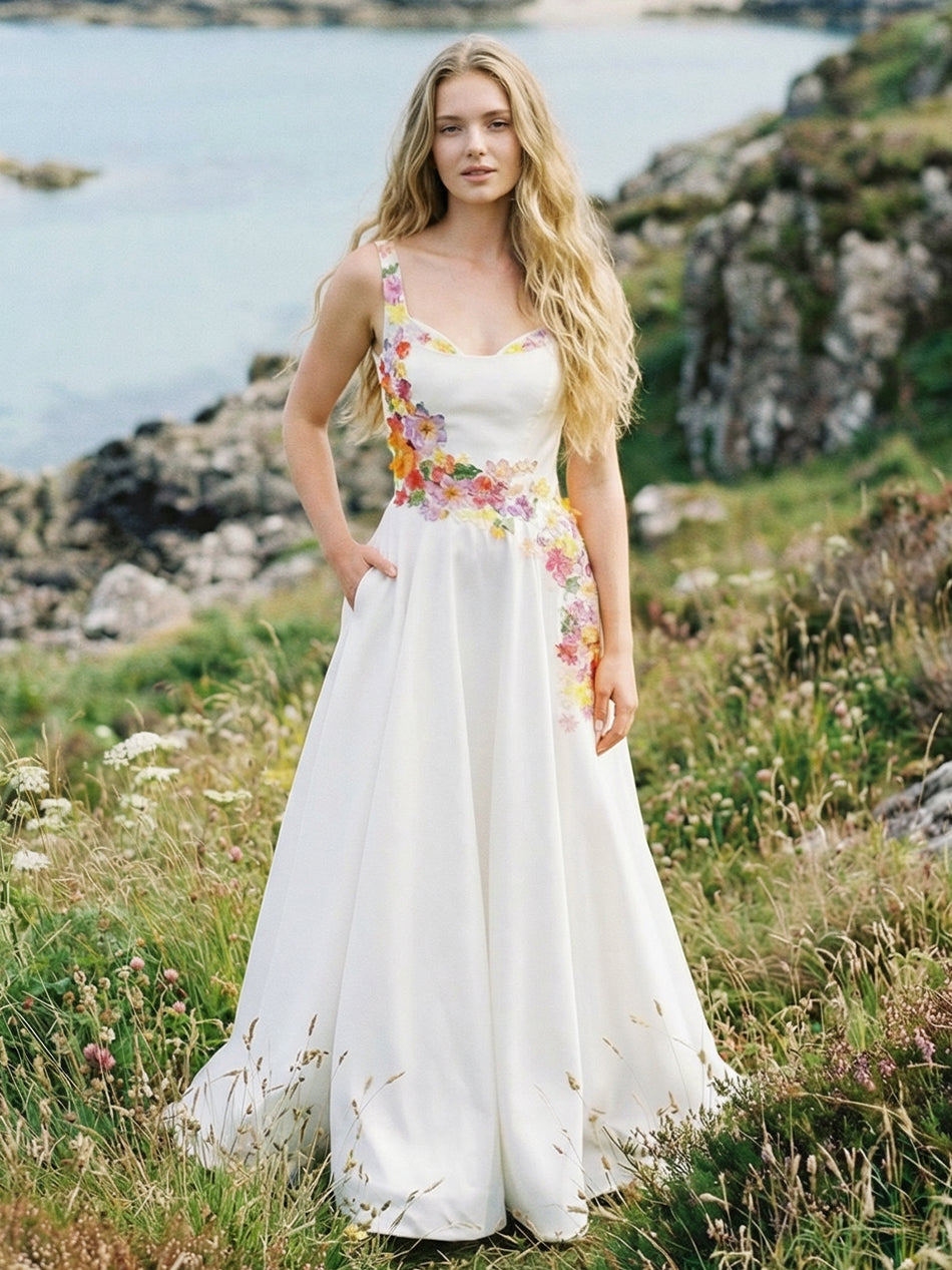 Sweetheart Satin Embroidered A-Line Backless Wedding Dresses