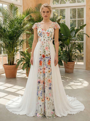 Lace Embroidered A-Line Backless V Neck Wedding Dresses with Sleeves