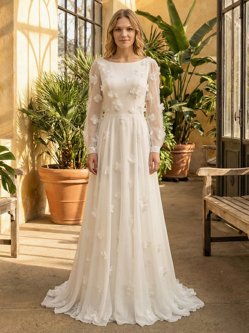 Lace Appliques Jewel Neck A-Line Long Wedding Dresses with 3D Flower